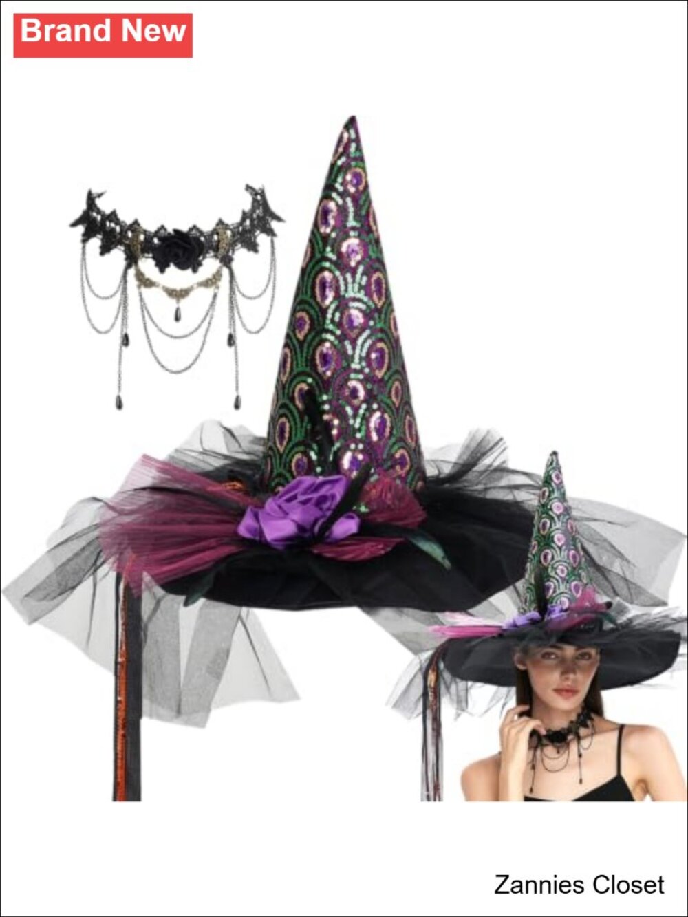 👻 Gothic Sequin Witch Hat & Choker Set Halloween Cosplay Headwear